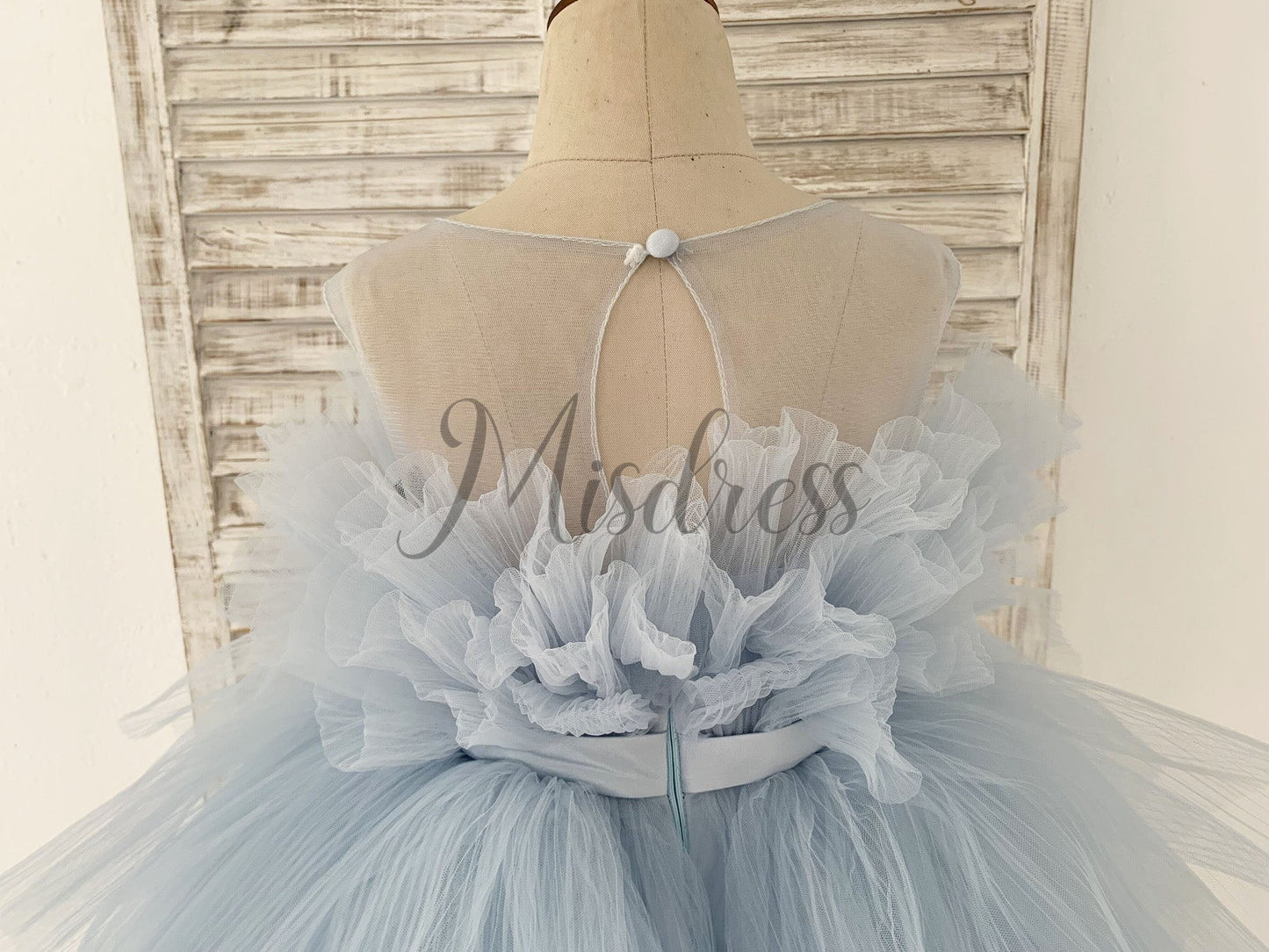 Sheer Neck Pleated Blue Tulle Wedding Flower Girl Dress Kids Party Dress