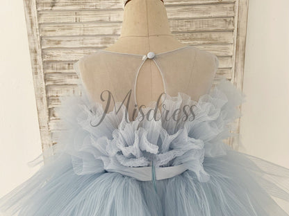 Sheer Neck Pleated Blue Tulle Wedding Flower Girl Dress Kids Party Dress