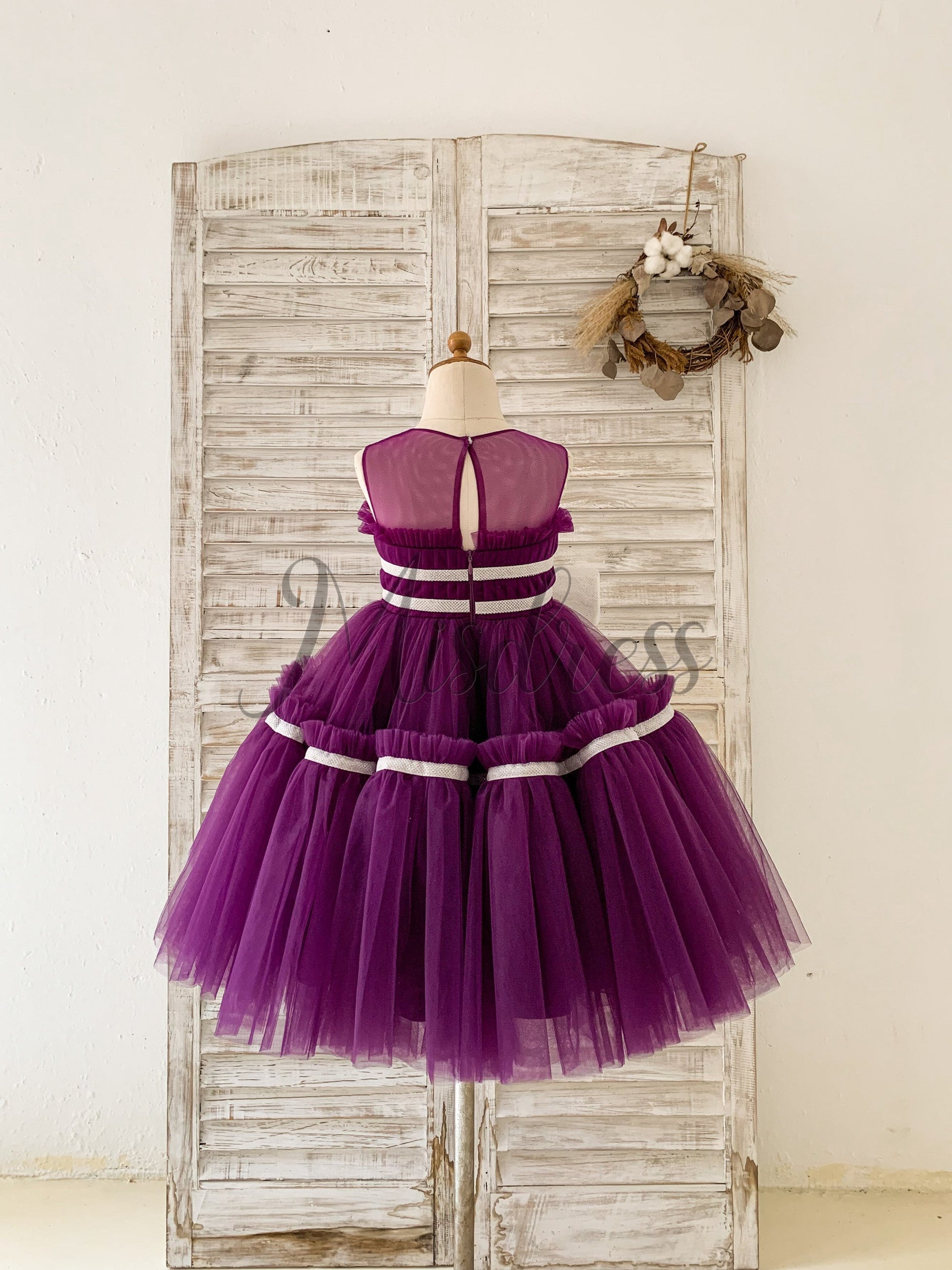 Princess Sheer Neck Pleated Purple Tulle Wedding Flower Girl Dress Kids Party Bow