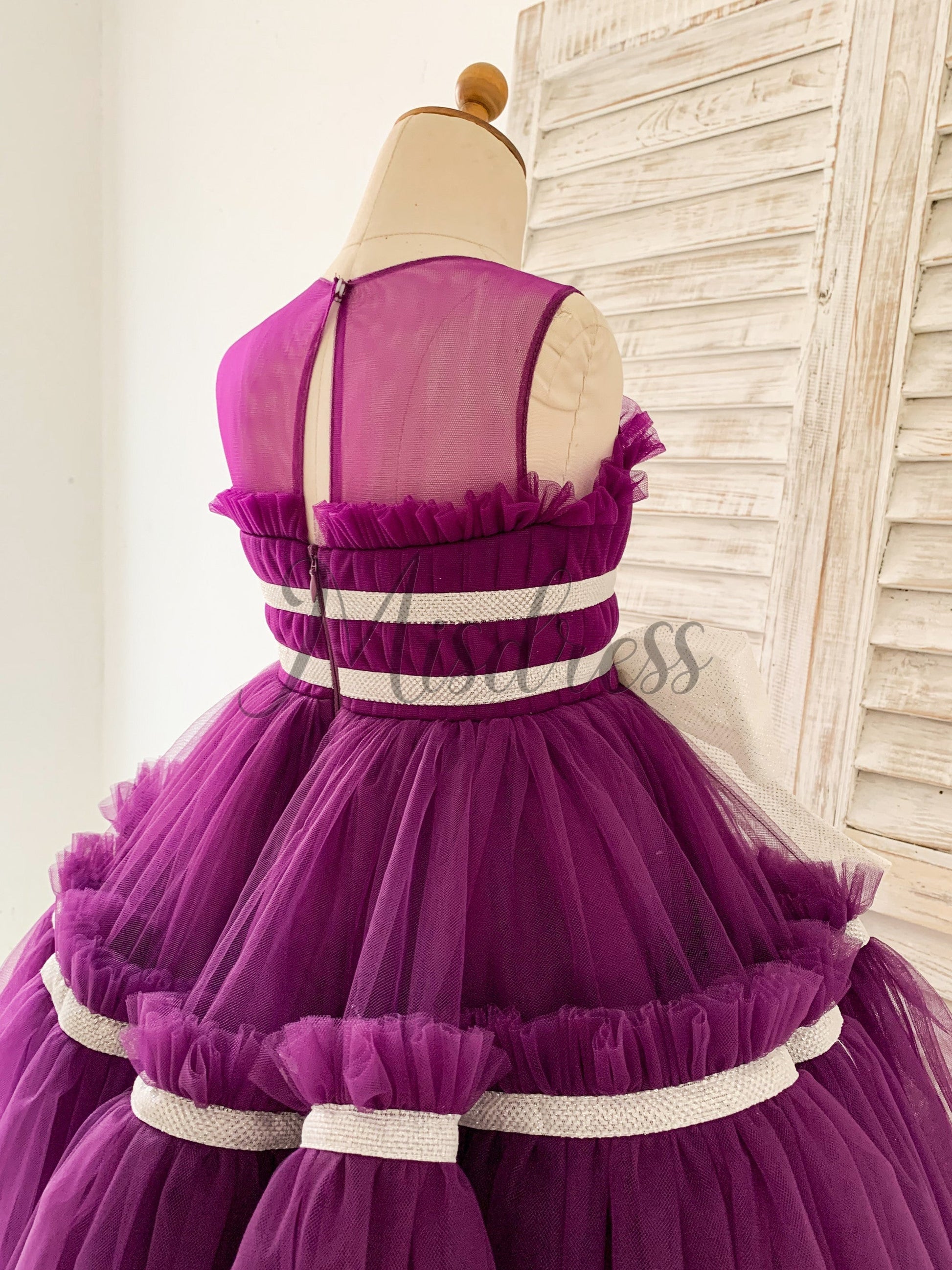 Princess Sheer Neck Pleated Purple Tulle Wedding Flower Girl Dress Kids Party Bow