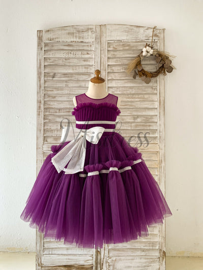 Princess Sheer Neck Pleated Purple Tulle Wedding Flower Girl Dress Kids Party Bow