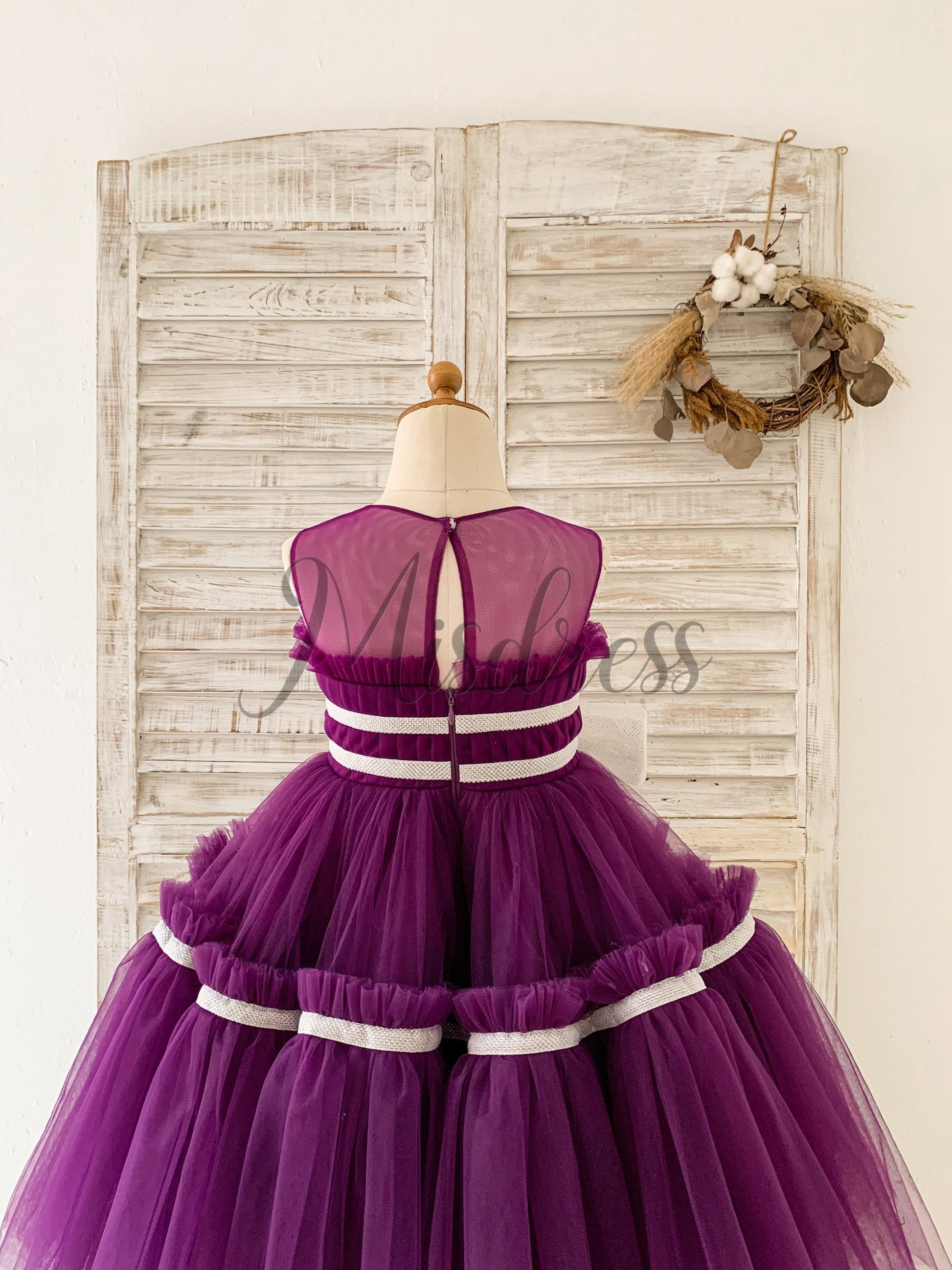 Princess Sheer Neck Pleated Purple Tulle Wedding Flower Girl Dress Kids Party Bow