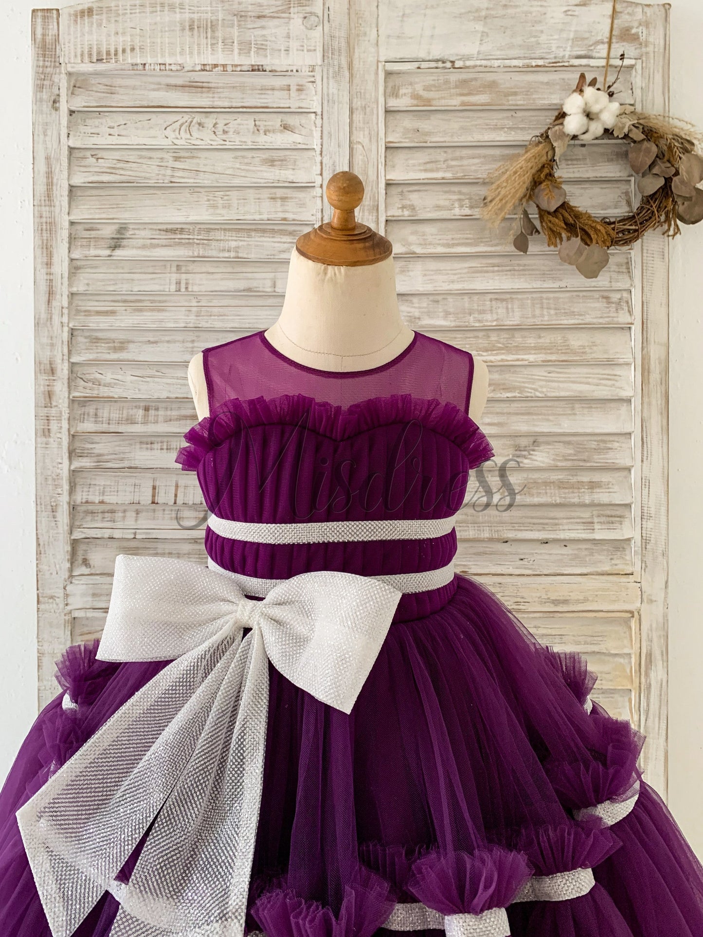 Princess Sheer Neck Pleated Purple Tulle Wedding Flower Girl Dress Kids Party Bow