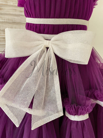 Princess Sheer Neck Pleated Purple Tulle Wedding Flower Girl Dress Kids Party Bow