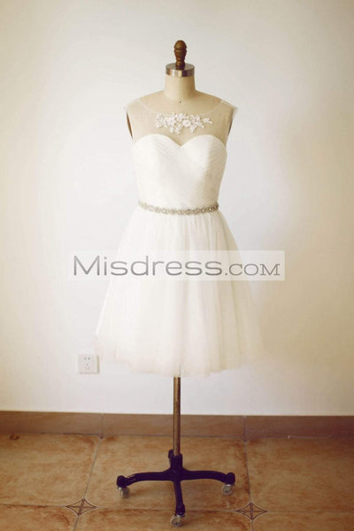Sheer Sweetheart Ivory Tulle Short Bridesmaid Dress (beaded sash) - Bridesmaid Dresses