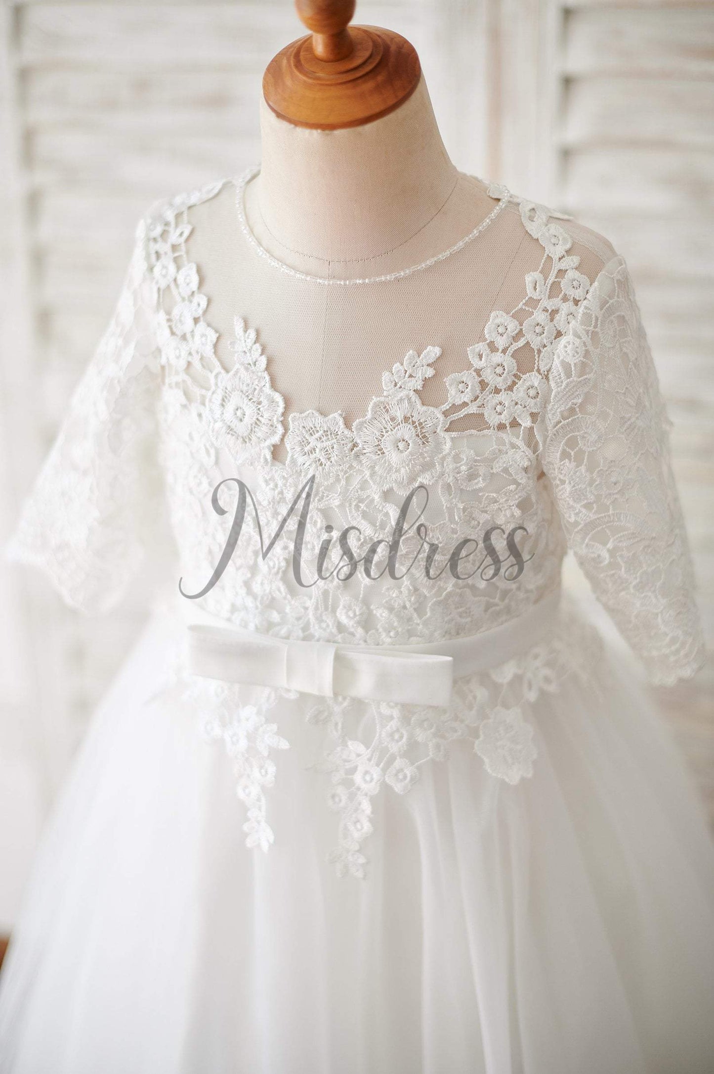Princess Short Elbow Sleeves Ivory Lace Tulle Wedding Flower Girl Dress - Flower Girl Dresses