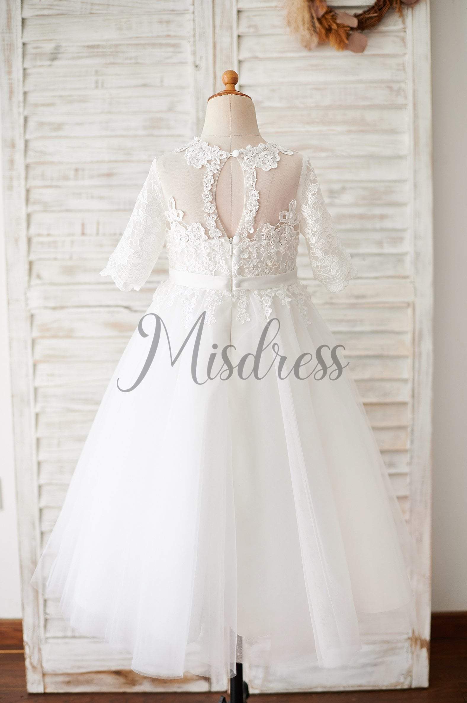 Princess Short Elbow Sleeves Ivory Lace Tulle Wedding Flower Girl Dress - Flower Girl Dresses
