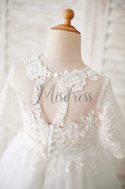 Princess Short Elbow Sleeves Ivory Lace Tulle Wedding Flower Girl Dress - Flower Girl Dresses