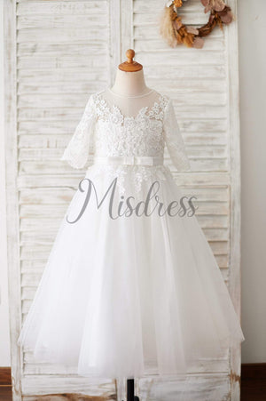 Princess Short Elbow Sleeves Ivory Lace Tulle Wedding Flower Girl Dress - Flower Girl Dresses