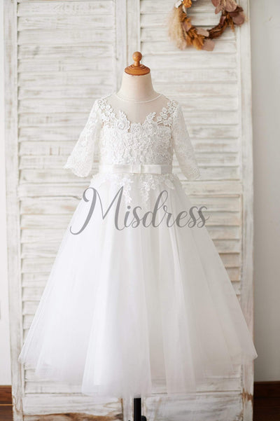 Princess Short Elbow Sleeves Ivory Lace Tulle Wedding Flower Girl Dress - Flower Girl Dresses