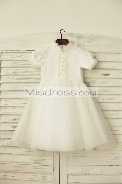 Short Lace Sleeves Ivory Cotton Tulle Flower Girl Dress - Flower Girl Dresses