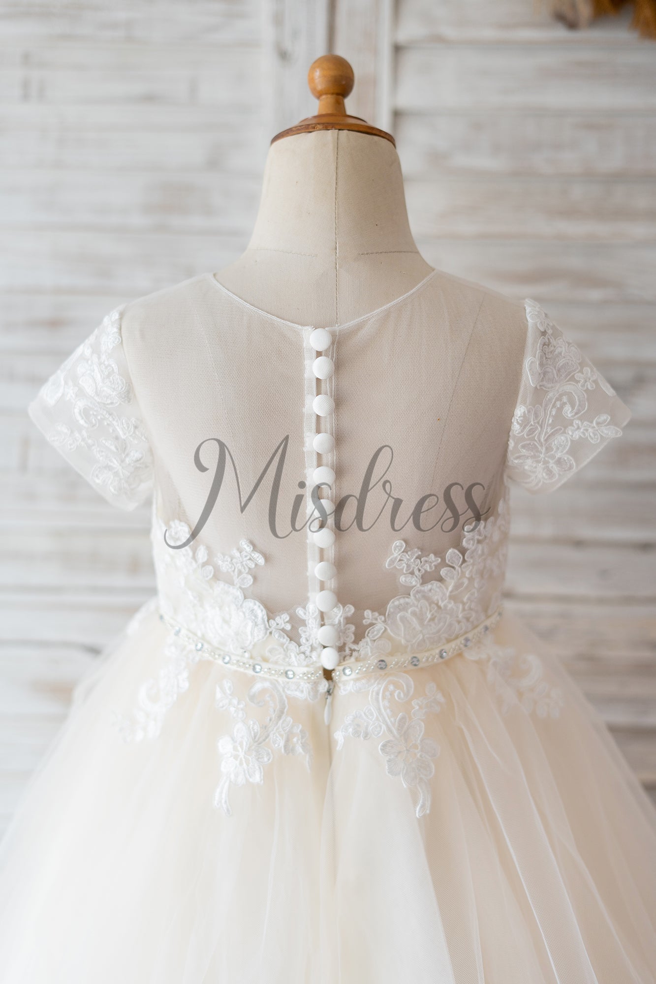 Princess Short Sleeves Ivory Lace Champagne Tulle Wedding Flower Girl Dress