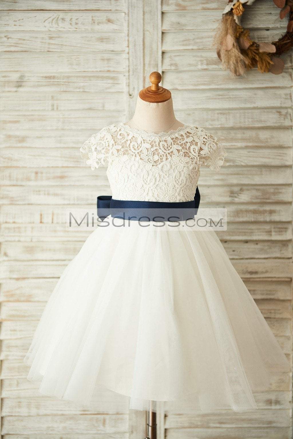 Short Sleeves V Back Lace Tulle Wedding Flower Girl Dress with Navy Blue Belt - Flower Girl Dresses