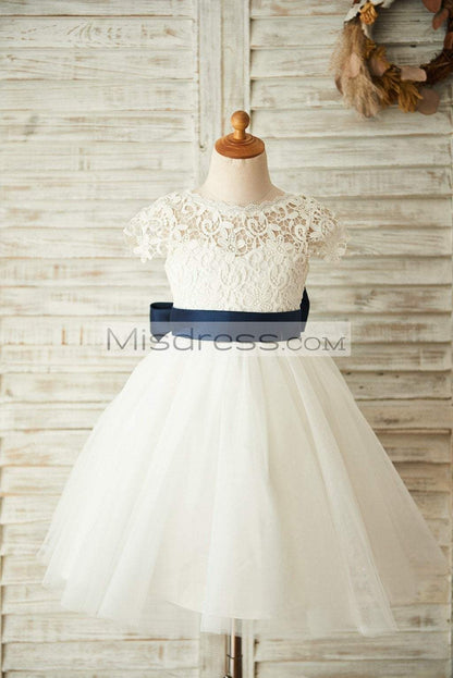 Short Sleeves V Back Lace Tulle Wedding Flower Girl Dress with Navy Blue Belt - Flower Girl Dresses