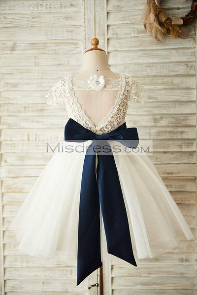 Short Sleeves V Back Lace Tulle Wedding Flower Girl Dress with Navy Blue Belt - Flower Girl Dresses
