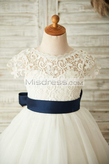 Short Sleeves V Back Lace Tulle Wedding Flower Girl Dress with Navy Blue Belt - Flower Girl Dresses