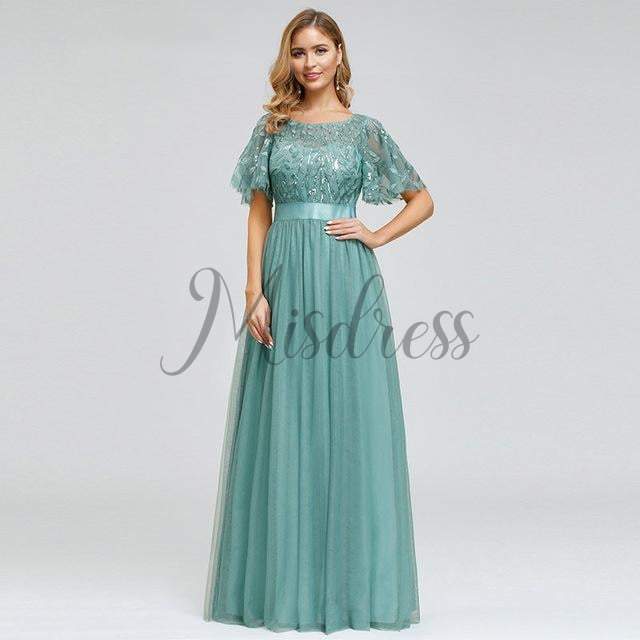 Short Sleeves Lace Sequin Tulle Evening Prom Dress - 2 / Blue - Prom Dresses