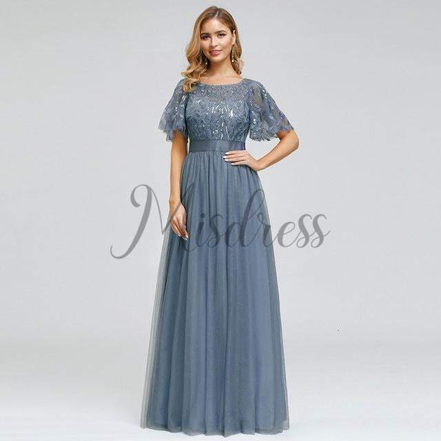 Short Sleeves Lace Sequin Tulle Evening Prom Dress - 2 / Dusty Blue - Prom Dresses