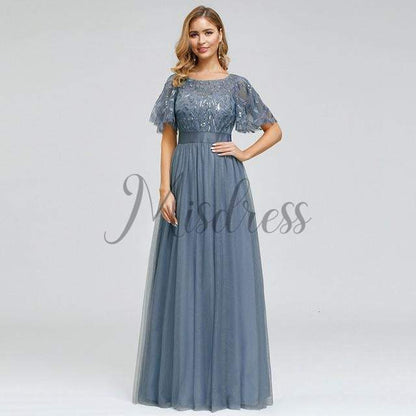 Short Sleeves Lace Sequin Tulle Evening Prom Dress - 2 / Dusty Blue - Prom Dresses