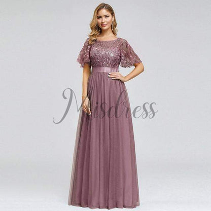Short Sleeves Lace Sequin Tulle Evening Prom Dress - 2 / Dusty Pink - Prom Dresses
