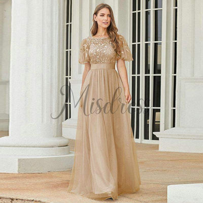 Short Sleeves Lace Sequin Tulle Evening Prom Dress - 2 / Gold - Prom Dresses