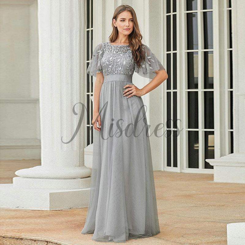 Short Sleeves Lace Sequin Tulle Evening Prom Dress - 2 / Grey - Prom Dresses