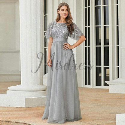 Short Sleeves Lace Sequin Tulle Evening Prom Dress - 2 / Grey - Prom Dresses