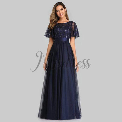 Short Sleeves Lace Sequin Tulle Evening Prom Dress - 2 / Navy Blue - Prom Dresses