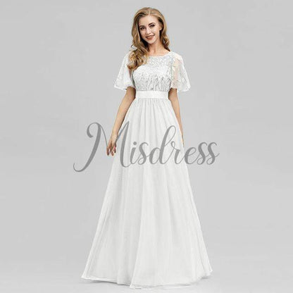 Short Sleeves Lace Sequin Tulle Evening Prom Dress - 2 / White - Prom Dresses