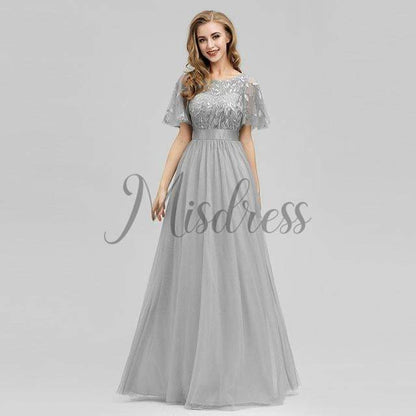 Short Sleeves Lace Sequin Tulle Evening Prom Dress - Prom Dresses