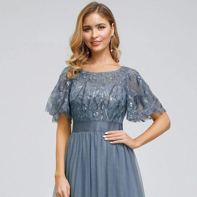 Short Sleeves Lace Sequin Tulle Evening Prom Dress - Prom Dresses