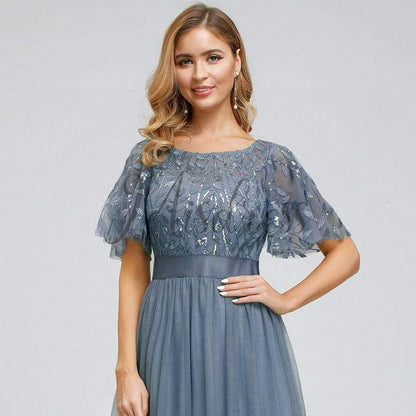 Short Sleeves Lace Sequin Tulle Evening Prom Dress - Prom Dresses