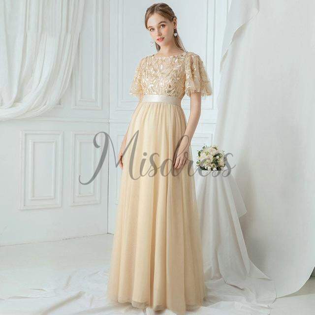 Short Sleeves Lace Sequin Tulle Evening Prom Dress - Prom Dresses