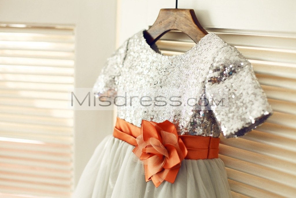 Short Sleeves Silver Sequin Gray Tulle Wedding Flower Girl Dress - Flower Girl Dresses