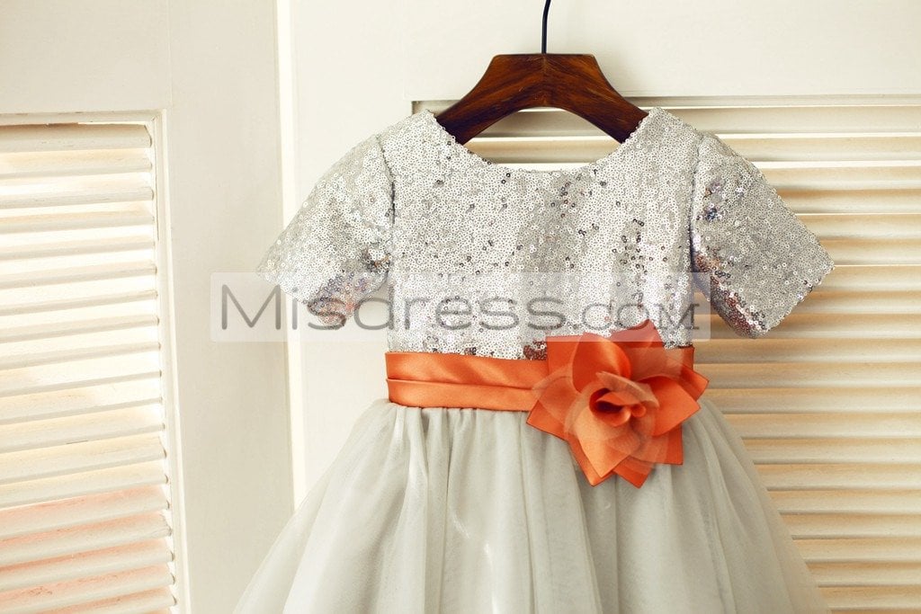 Short Sleeves Silver Sequin Gray Tulle Wedding Flower Girl Dress - Flower Girl Dresses