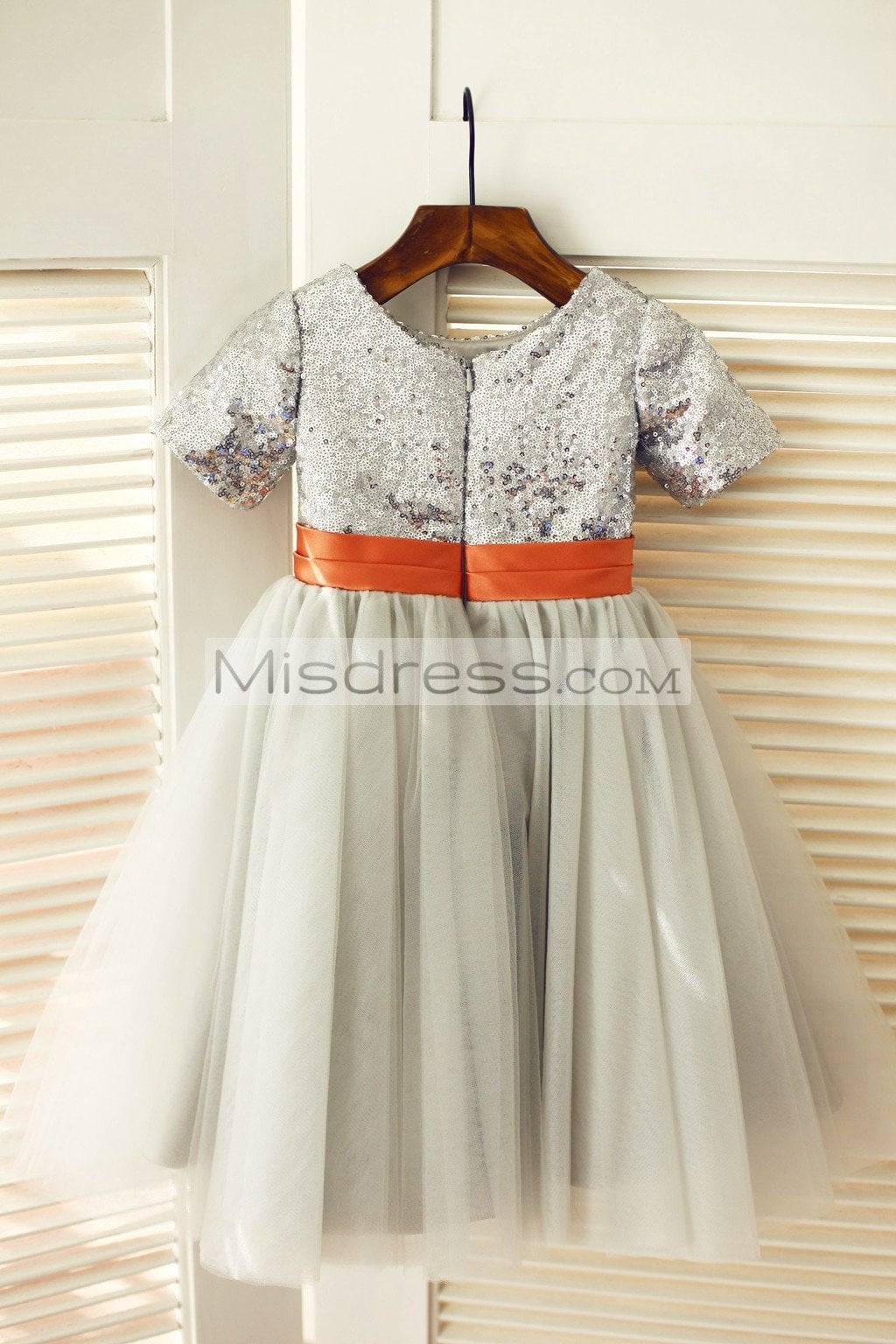 Short Sleeves Silver Sequin Gray Tulle Wedding Flower Girl Dress - Flower Girl Dresses