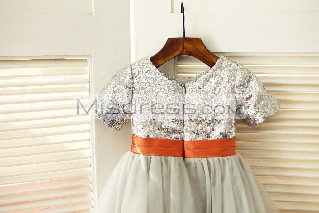 Short Sleeves Silver Sequin Gray Tulle Wedding Flower Girl Dress - Flower Girl Dresses