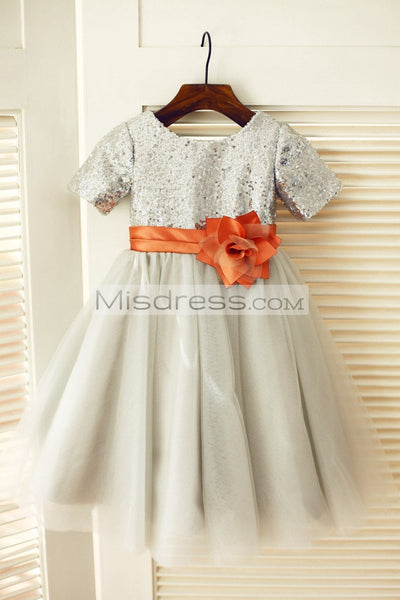 Short Sleeves Silver Sequin Gray Tulle Wedding Flower Girl Dress - Flower Girl Dresses