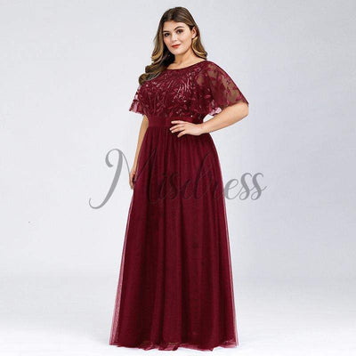 Plus Size Short Sleeves Lace Sequin Tulle Evening Prom Dress - 2 / Burgundy - Prom Dresses