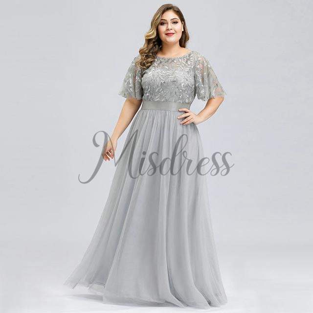 Plus Size Short Sleeves Lace Sequin Tulle Evening Prom Dress - 2 / Grey - Prom Dresses