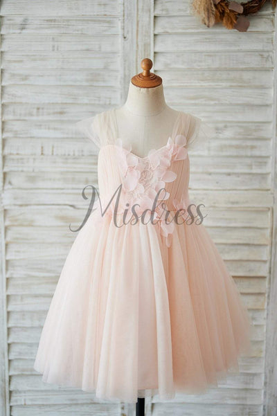 Strap Blush Pink Lace Tulle Wedding Flower Girl Dress with Beading - Flower Girl Dresses