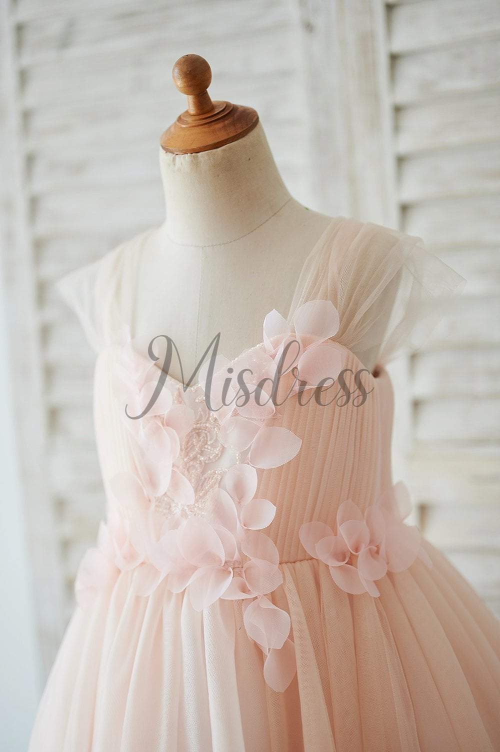 Strap Blush Pink Lace Tulle Wedding Flower Girl Dress with Beading - Flower Girl Dresses