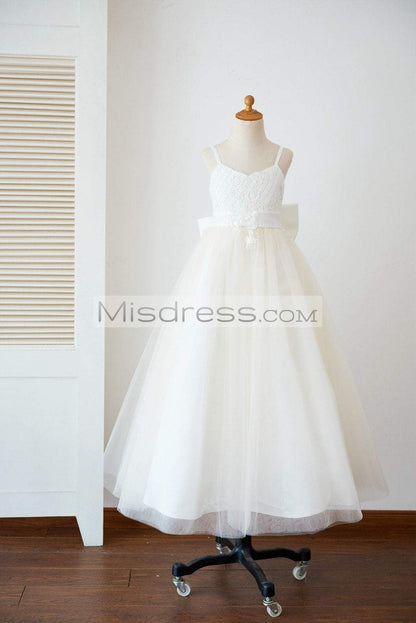 Straps Ivory Lace Tulle Backless Wedding Flower Girl Dress with Bow - Flower Girl Dresses