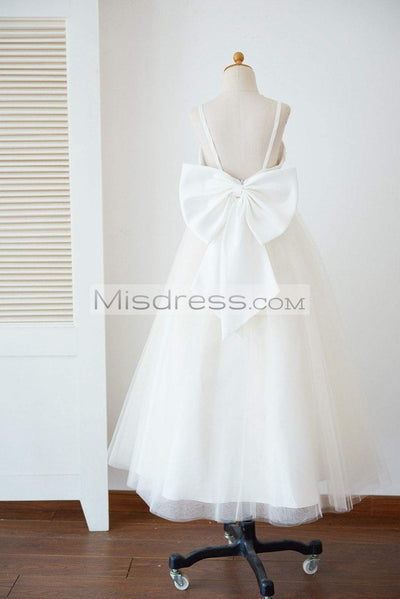 Straps Ivory Lace Tulle Backless Wedding Flower Girl Dress with Bow - Flower Girl Dresses