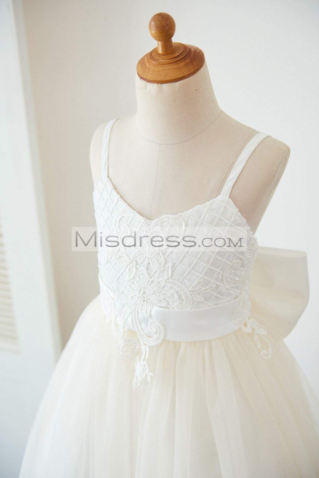 Straps Ivory Lace Tulle Backless Wedding Flower Girl Dress with Bow - Flower Girl Dresses
