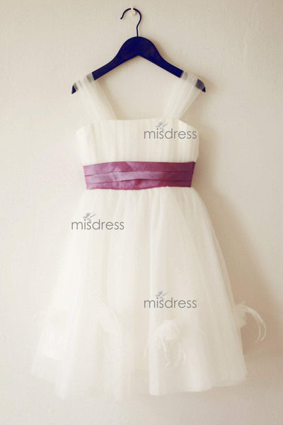 Thin Straps Ivory Tulle Lavender Sash Flower Girl Dress - Flower Girl Dresses