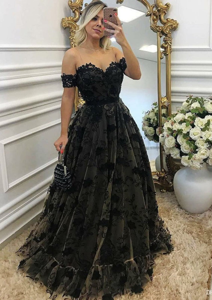 Princess Sweetheart Off Shoulder Sleeveless Long Black Lace Prom Dress | Misdress Princess Sweetheart Off Shoulder Sleeveless Long Black Lace Prom Dress | Misdress