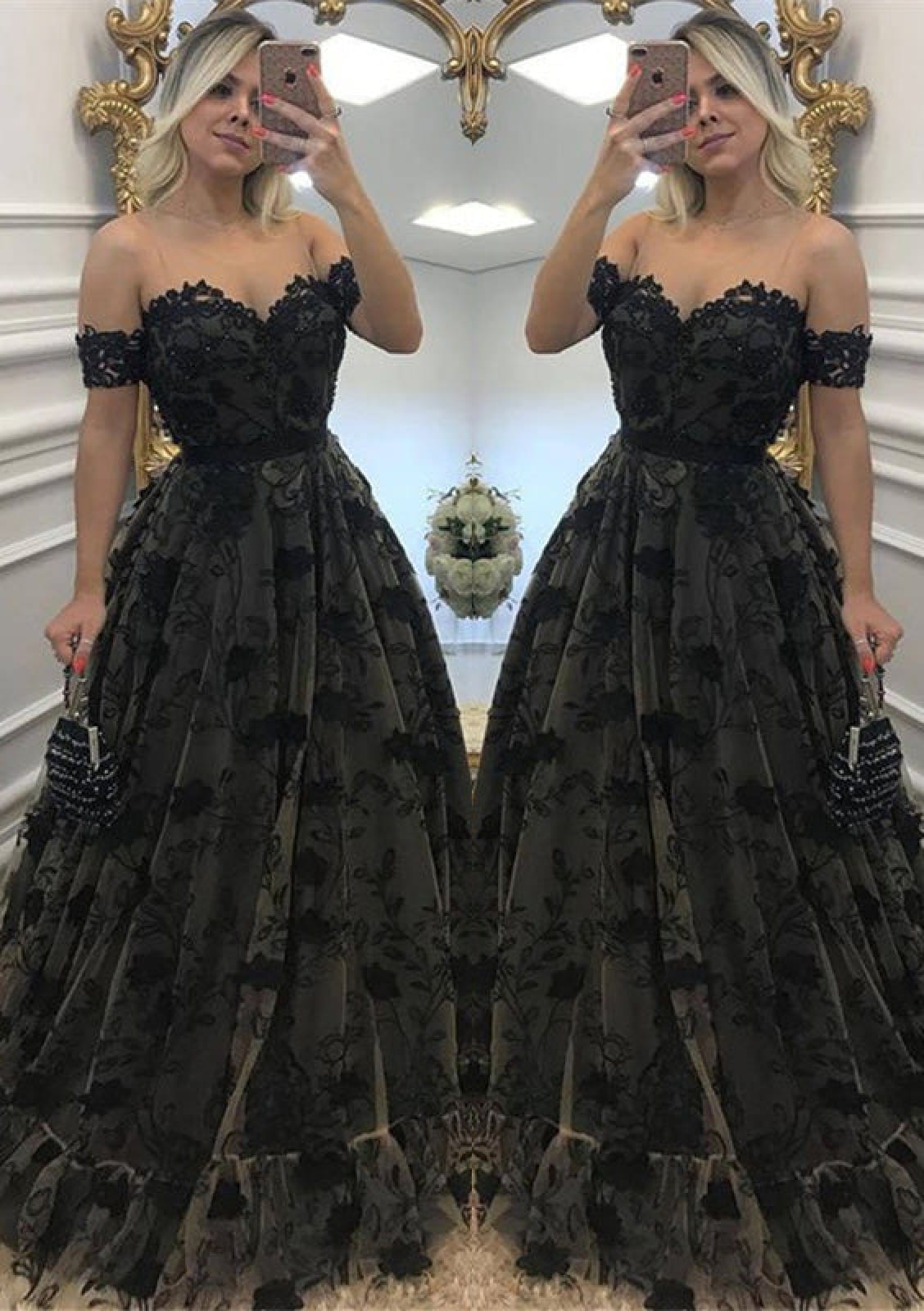 Princess Sweetheart Off Shoulder Sleeveless Long Black Lace 