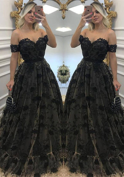 Princess Sweetheart Off Shoulder Sleeveless Long Black Lace 