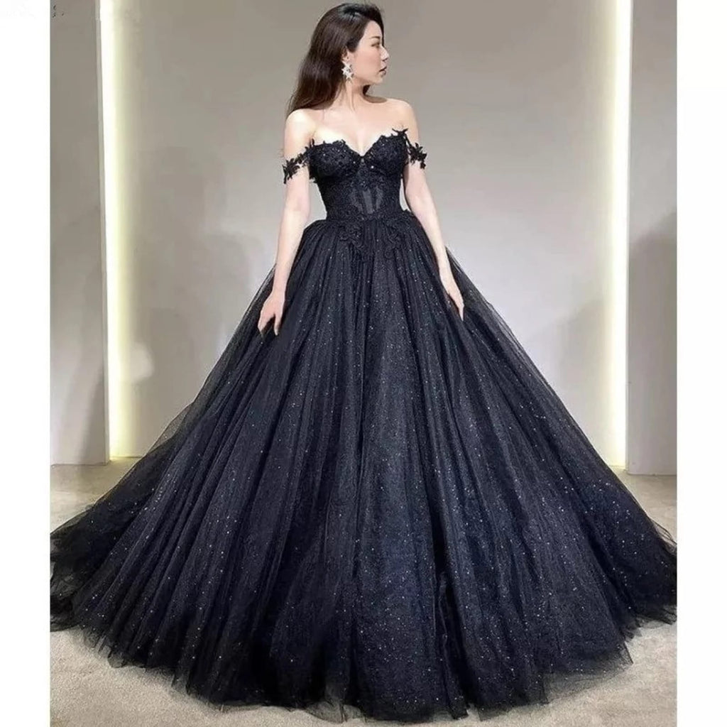 Princess Sweetheart Off Shoulder Glitter Black Tulle Wedding Dress